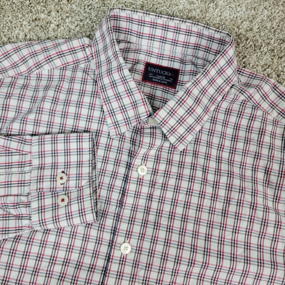 Untuckit Mens Large Multicolor Plaid Performance Stretch Button Up Long Sleeve
